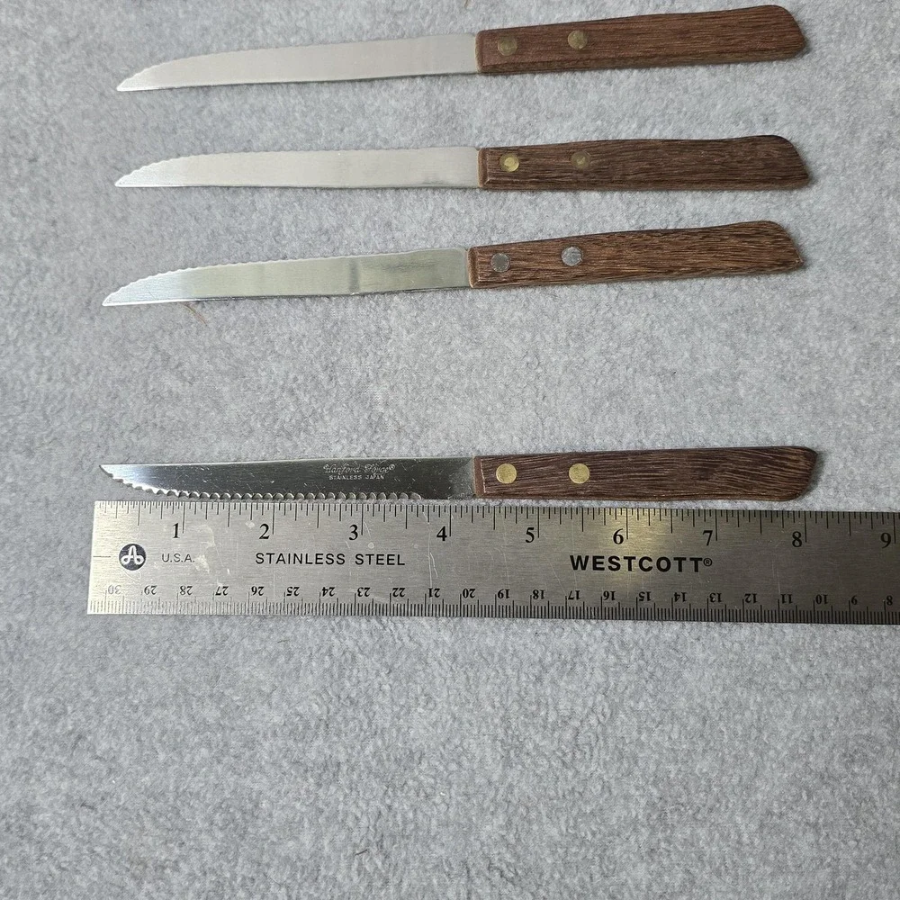 Vintage Hanford Forge Steak Knives Set 8 Brown Wood Handle Stainless Japan